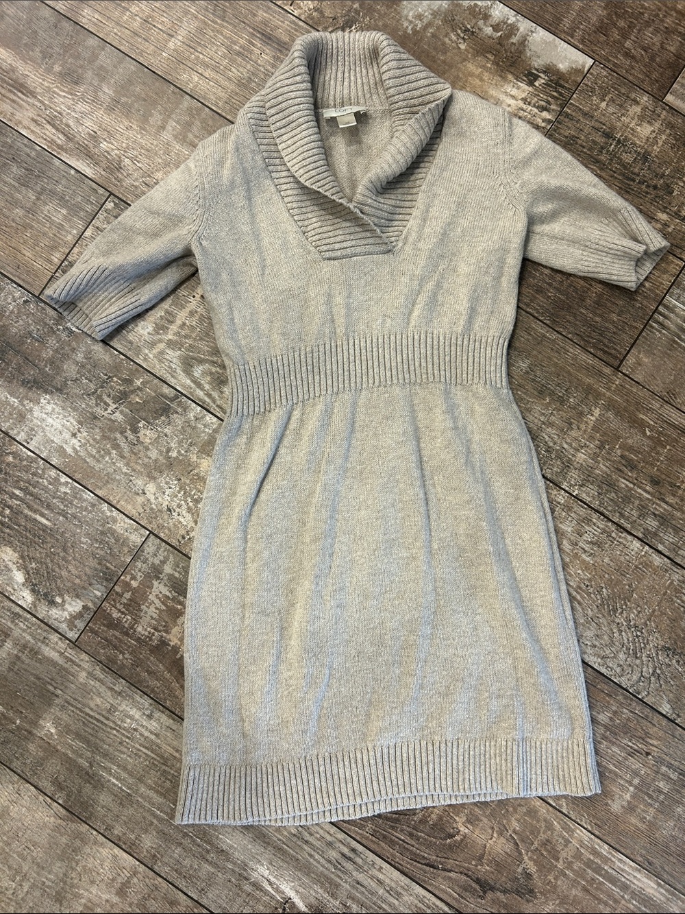 LOFT Light Gray Ribbed Knit Sweater Dress